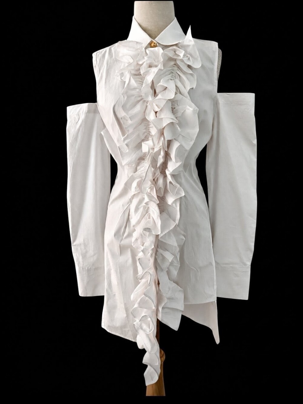White Ruffle Front Cold-Shoulder Dress